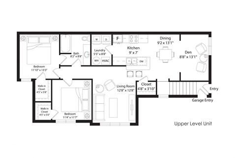 Floor plan for 2 beds, 1 bath, 1161 sqft